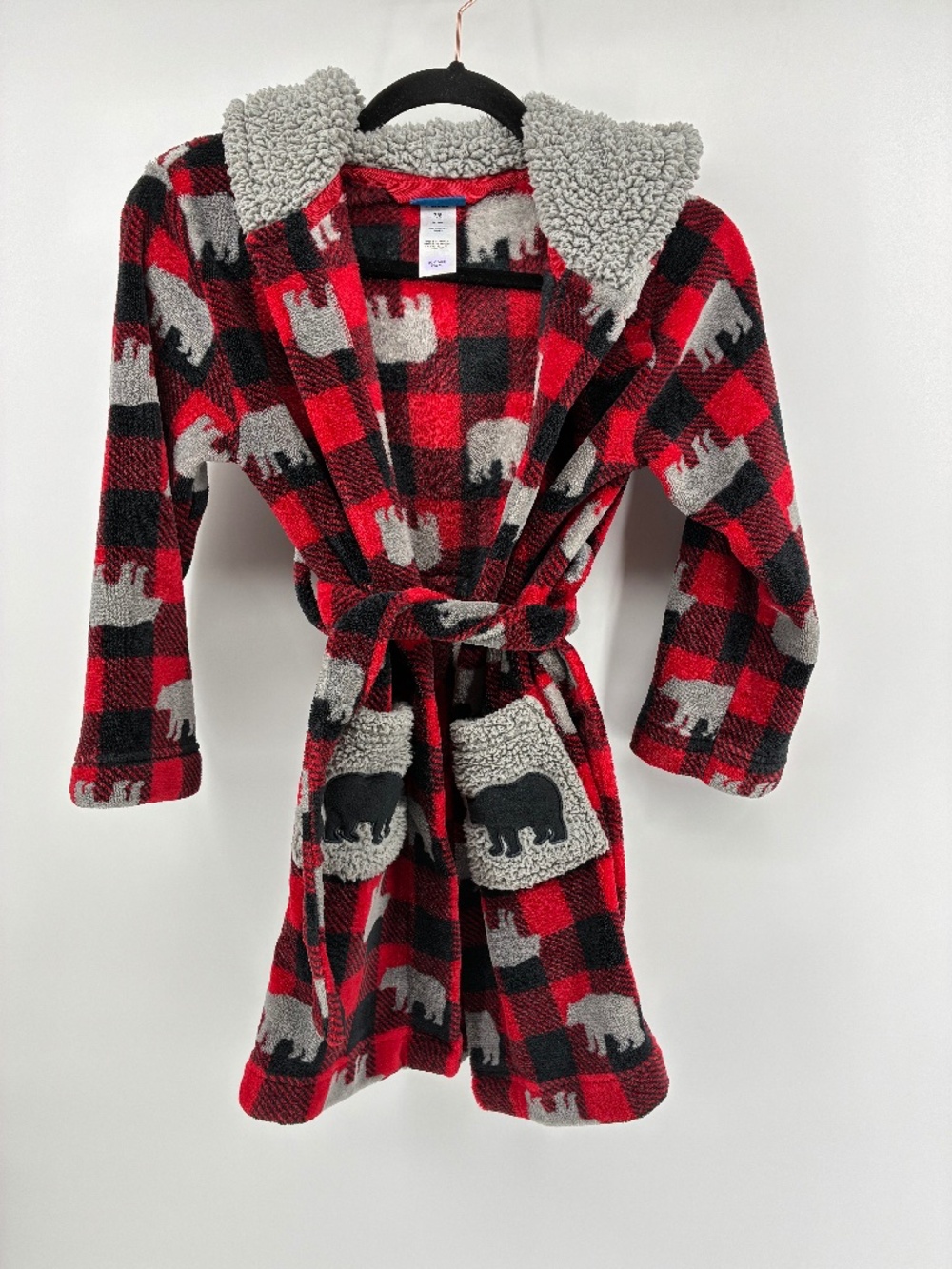 MASSIVE $10 SALE Kids Plush Hooded Robe - Red Buffalo Check with Gray Bears